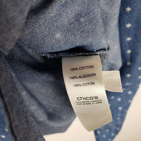 Chicos Denim Star Print Button Up Shirt Blue Western Patriotic Size 1 Size M - Picture 4 of 9